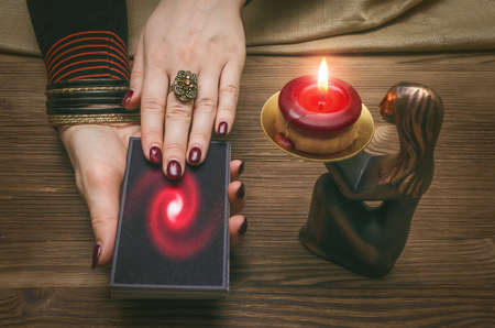Tarot cards on fortune teller desk table. Future reading concept. Divination.