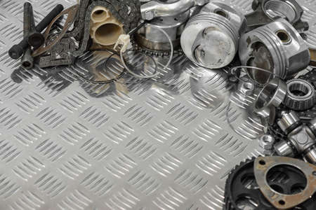 Old car spare parts top view background with copy space.