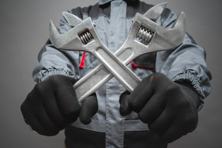 An adjustable wrenches in plumber hands close up.の写真素材