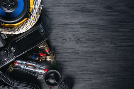 A car audio equipment on the black table flat lay background.の写真素材