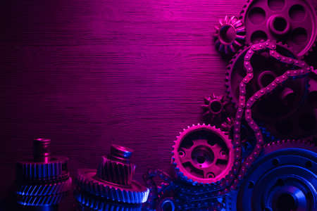Car spare parts flat lay background. Disassembled car gearbox parts on the workbench.の写真素材