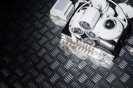 Cctv cameras and video recorder on the metal table background.の写真素材
