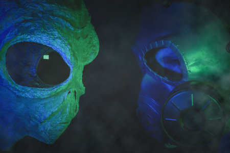 Human vs alien concept. Space confrontation. Soldier in gas mask standing face to face with a...
