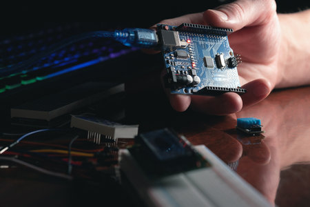 Man learns the basics of programming microprocessors close up.の写真素材