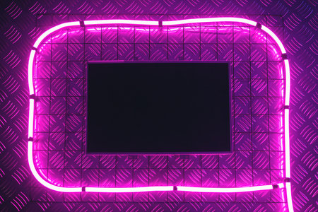Empty blank computer screen in the neon lights on the wall background.の写真素材