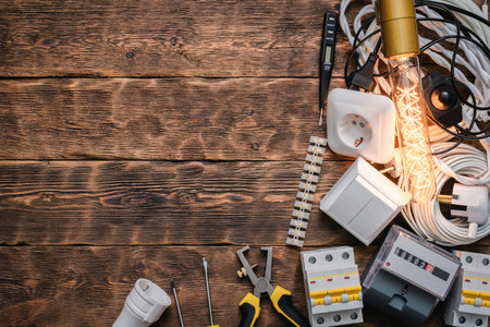 Electric equipment and accessories on the brown wooden table background with copy space.