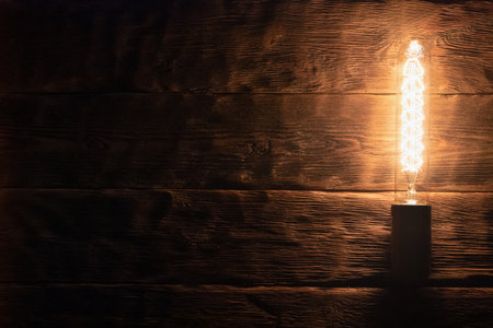 Edison lamp on the wooden background with copy space.の写真素材