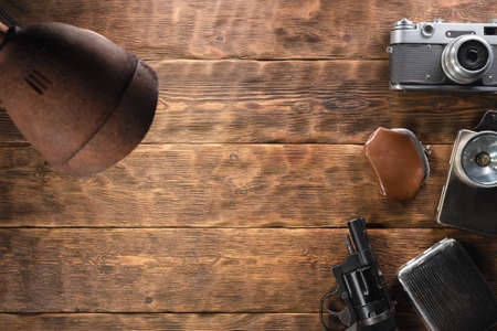 Old detective agent equipment concept background with copy space.