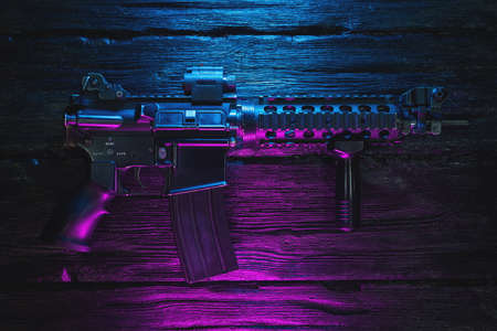 Rifle on the flat lay table background.の写真素材
