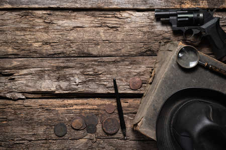 Retro style detective agent desk table concept flat lay background with copy space.の写真素材