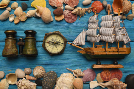 Columbus day concept. Sea travel background. SUmmer vacation concept flat lay background.