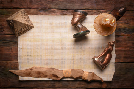 Ancient Egypt papyrus blank letter scroll with copy space on the old table background. Old map template. Treasure map concept.の写真素材