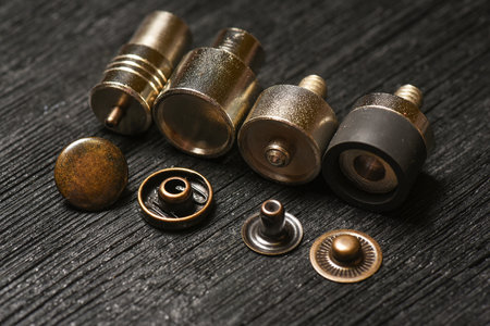 Alfa buttons and leather craft manual hand press attachments close up background. Top view.の写真素材