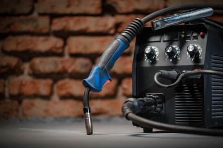 Welding concept background. Semi automatic welding machine close up on the floor background with copy space.の写真素材