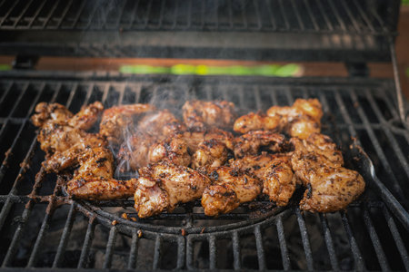 Chicken wings on the barbecue grill close up background.の写真素材