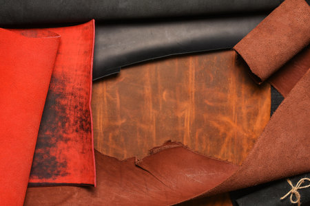 Multicolor leather rolled up pieces scrolls on the black table background. Top view.