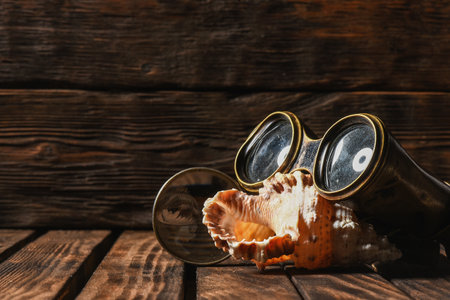 Sea travel or piracy concept background. Binoculars, magnifying glass and seashell on the wooden...