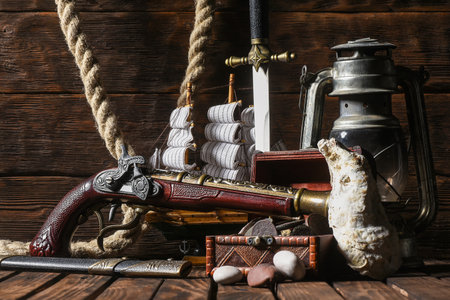 Sea travel or piracy concept background. Sea ship boat, musket gun and compass on the wooden desk table background.の写真素材