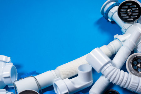 Bathtub drain pipeline system parts on the blue top view background copy space. Siphon flat lay.の写真素材