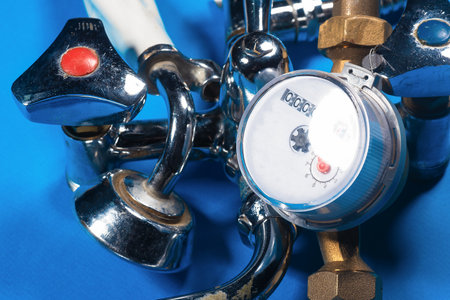 Water consumption meter and crane on the blue top view background close up.の写真素材