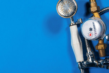 Water consumption meter and crane on the blue top view background with copy space.の写真素材