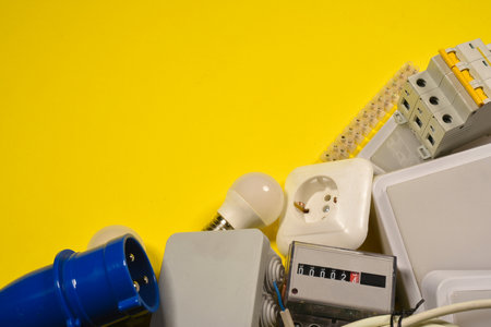 Electrical equipment on the yellow top view background with copy space.の写真素材