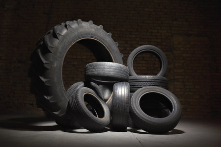Old used transport car tires on the floor of fitting service concept. Tires shop.の写真素材