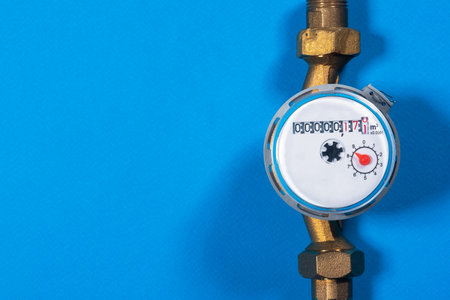 Water meter on the blue flat lay top view background with copy space. Water consumption concept.