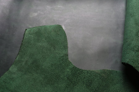 Green leather surface texture background. Top view. Flat lay.の写真素材