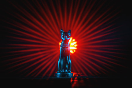 Ancient Egyptian goddess Bast (Bastet) silhouette in the lights close up.の写真素材