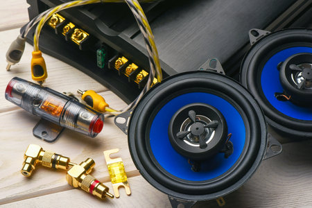 Car audio stereo system installation concept background. Car audio system repair service concept.の写真素材
