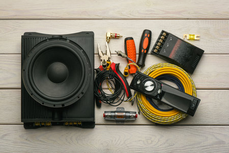 Car audio stereo system installation concept background. Car audio system repair service concept.の写真素材