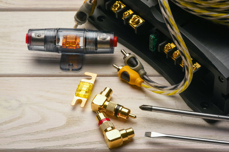 Car audio stereo system installation concept background. Car audio system repair service concept.の写真素材