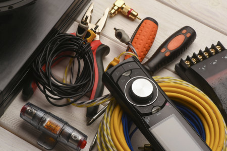 Car audio stereo system installation concept background. Car audio system repair service concept.
