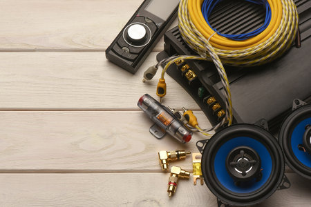 Car audio stereo system installation concept background. Car audio system repair service concept.の写真素材