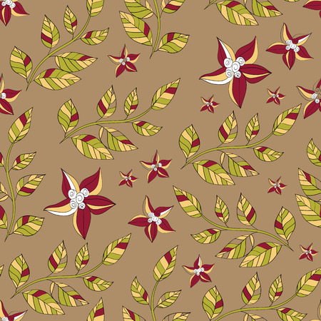 seamless pattern of branches with leaves and flowers. beige green yellow white burgundy.のイラスト素材