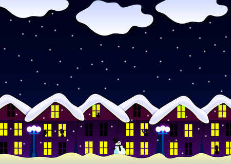 illustration of a night scene of a snow-covered house lights in the windows lights silhouettes snowman snowのイラスト素材