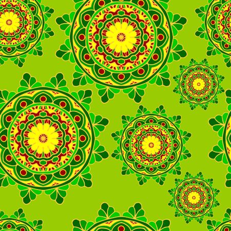 vector seamless round pattern mandala background green yellow orangeのイラスト素材