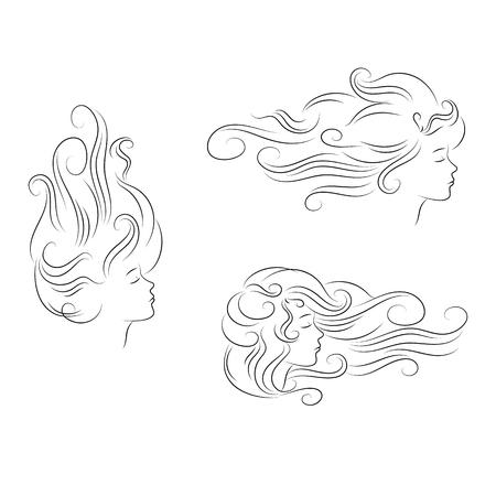 vector set of silhouette girl head with curly hair. Sketch outline, isolated on white backgroundのイラスト素材
