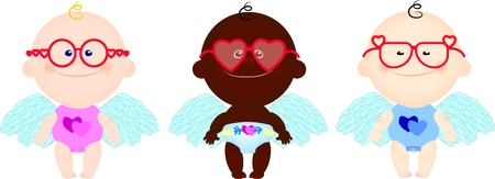 vector set of funny cute children in costume angel cupid in pink spectaclesのイラスト素材