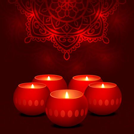 vector illustration Five burning red candles on a dark background glowing pattern mandalaのイラスト素材