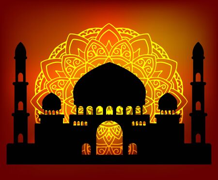 vector illustration silhouette of the Arab temple in the sunrise or sunset sky illuminated pattern mandala yellowのイラスト素材