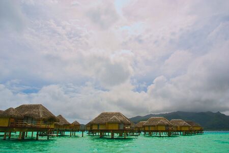 View of an over-water luxury resort in French Polynesiaの写真素材