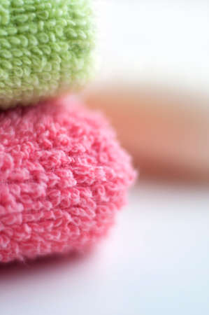 Two towels and soap closeup shotの写真素材