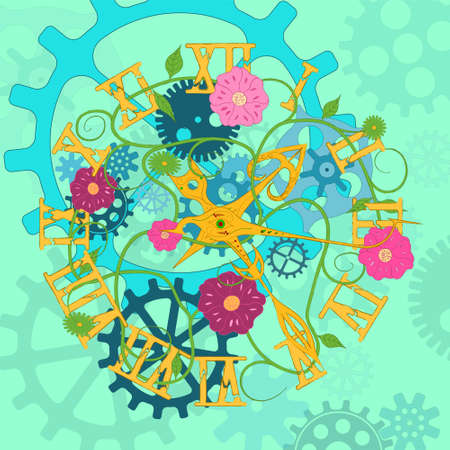 An old clock with Roman numerals, overgrown with greenery. The mechanism and gears stopped many...