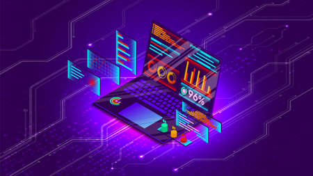 Isometric projection of a laptop with business graphs. The concept of data analysis on electronic portable devices. Programming. Software coding. The interface of the future. Vector illustration.のイラスト素材