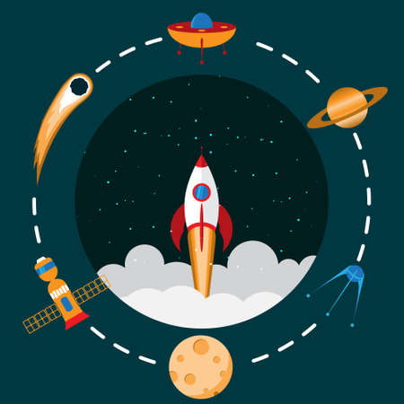Start a space rocket in the starry sky. The illustration contains icons on the theme of space.のイラスト素材