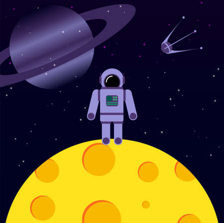 Astronaut on the moon on the background of starry space and Saturn.のイラスト素材