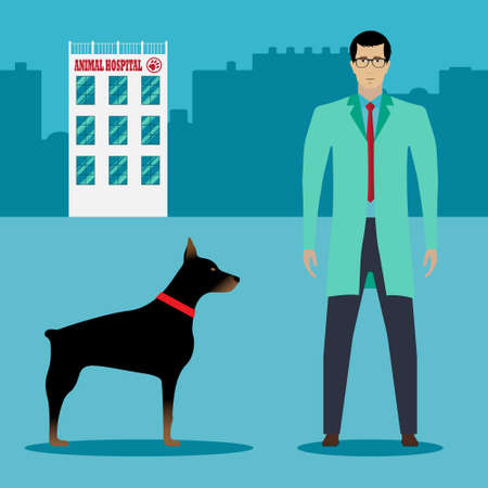 The concept of the hospital for animals. Vector illustration on a blue background with a picture of a veterinarian and a dog.のイラスト素材