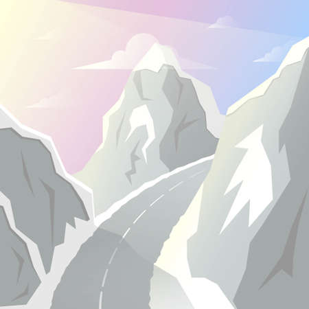 Winter dawn in the mountains. A highway that runs high between the peaks of mountains. Vector illustration.のイラスト素材